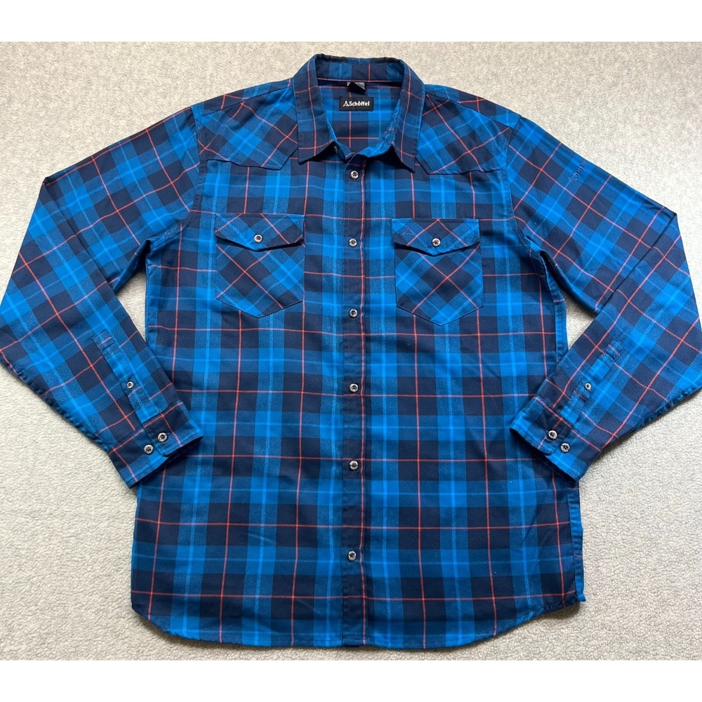 Schoffel Mens Button‎ up Shirt Blue Check Pockets Collared Long Sleeve Large